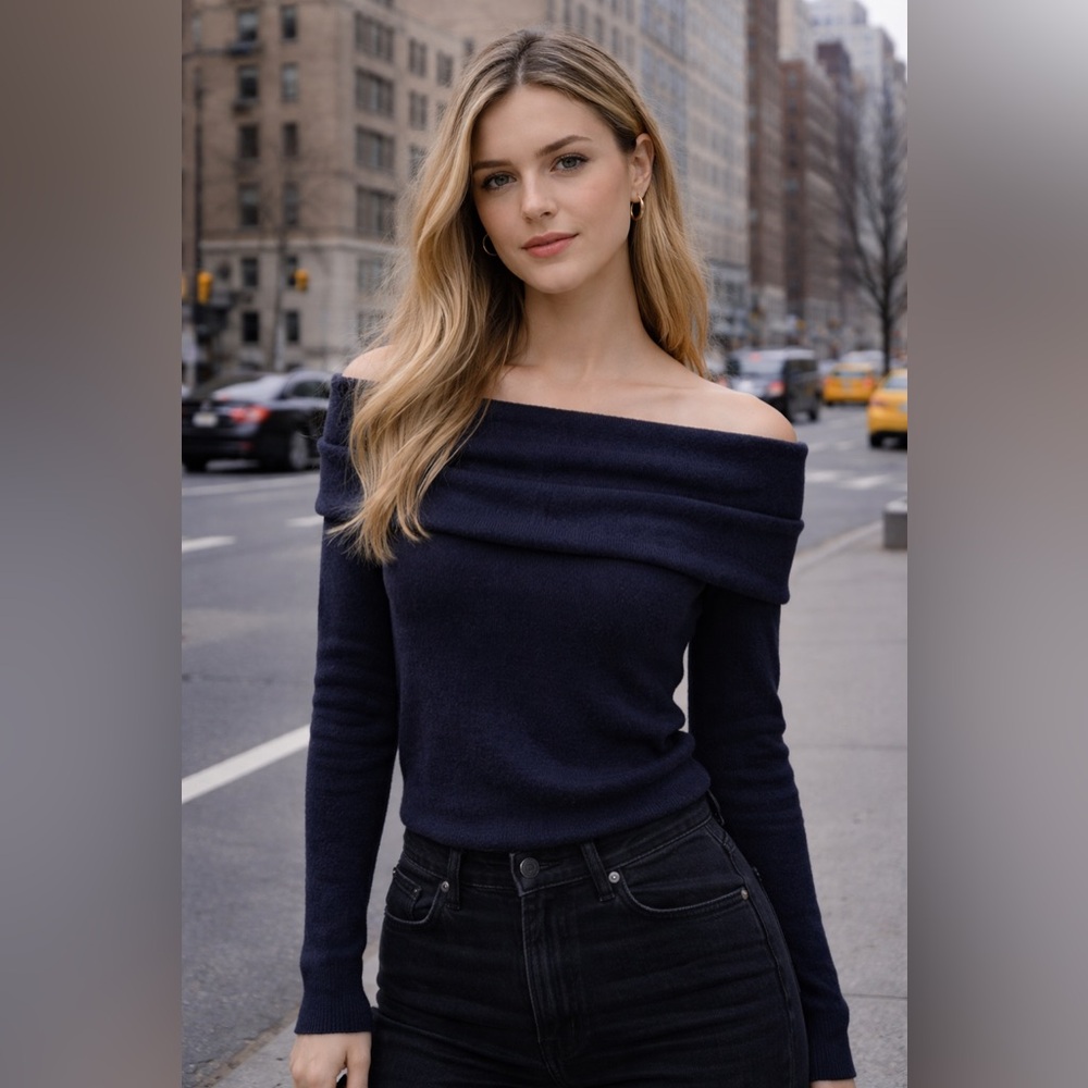 Zara Navy Off-the-Shoulder Sweater